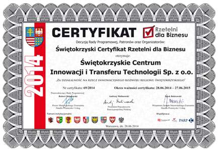 ŚCITT Sp. z o.o. laureatem prestiżowej nagrody “Rzetelni w biznesie” 2014