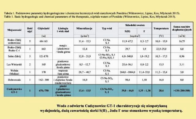 Tabela z dokładną analizą złóż wód termalnych i siarczkowych w Cudzynowicach