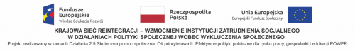 Logo: Fundusze Europejskie, Rzeczpospolita Polska, Unia Europejska, Krajowa Sieć Reintegracji - Wzmocnienie Instytucji Zatrudnienia Socjalnego w działaniach Polityki Społecznej Wobec Wykluczenia Społecznego