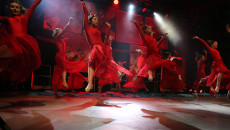 Tancerski W Czerwonych Kostiumach Na Scenie Tańczą