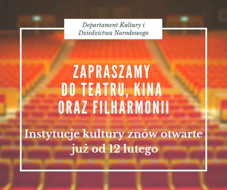 Grafika informująca o otwarciu teatrów, kin i filharmonii