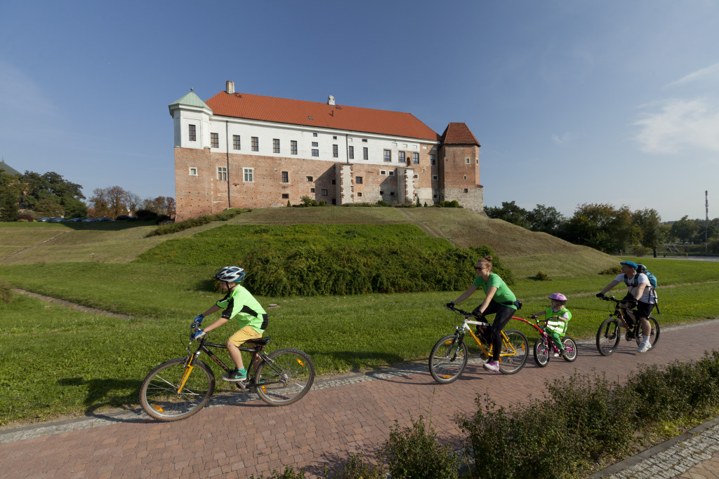 Rodzina Na Rowerach Na ścieżce Rowerowej Przy Zamku Królewskim W Sandomierzu