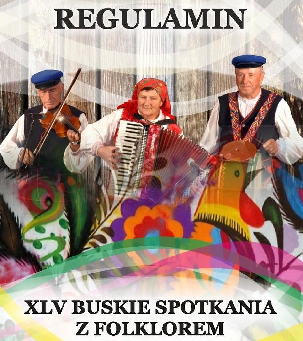 Trzy osoby ubrane w kolorowe stroje ludowe, grają na instrumentach muzycznych. Konkurs, czterdzieste piąte Buskie Spotkania Z Folklorem
