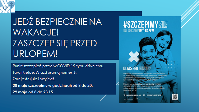 Jedź bezpiecznie na wakacje. Zaszczep się przed urlopem. Młodzi kobieta z mężczyzną. Hasztag szczepimy się.