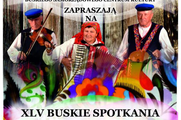 Trzy osoby ubrane w kolorowe stroje ludowe, grają na instrumentach muzycznych. Konkurs, czterdzieste piąte Buskie Spotkania Z Folklorem