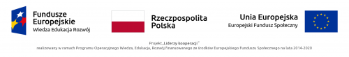 Znak Funduszy Europejskich Wiedza Edukacja Rozwój, Flaga Rzeczpospolitej Polskiej, Flaga Unii Europejskiej Europejski Fundusz Społeczny Napis: Projekt 