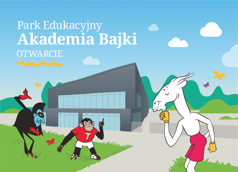 Park Edukacyjny Akademia Bajki, Otwarcie. Grafika przedstawiająca bohaterów polskich kreskówek