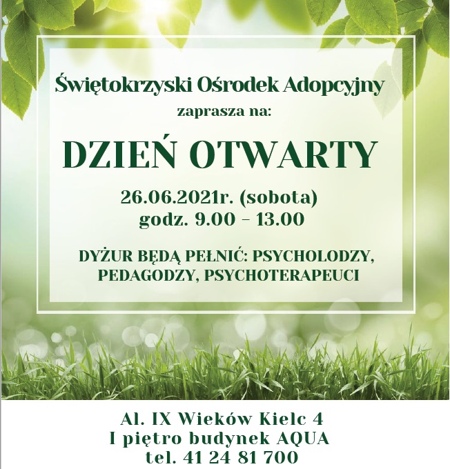 Świętokrzyski Ośrodek Adopcyjny zaprasza na dzień otwarty. Plakat Wydarzenia