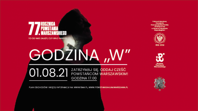 Czerwono czarna grafika. Rocznica Powstania Warszawskiego. Godzina Wu. 1.08.2021 o godzinie 17:00 zatrzymaj się, oddaj cześć powstańcom warszawskim!