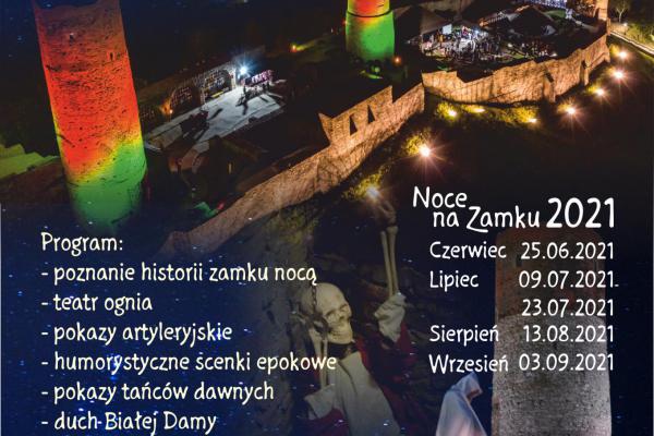 Oświetlony nocą Zamek w Chęcinach. Plakat spotkań z cyklu, Noce Na Zamku W Chęcinach 2021