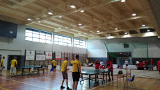 Wnętrze hali sportowej. Zawodnicy podczas rywalizacji. Zawody w tenisie stołowym