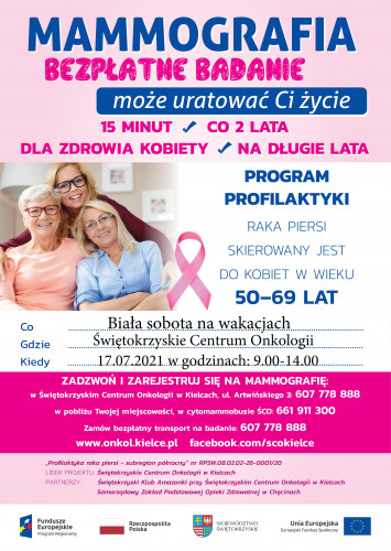 Plakat Promujący Badania Mammograficzne, fotografia uśmiechniętych kobiet oraz dane dotyczące zasad wykonywania badań