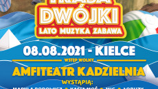 Kolorowy plakat promujący wakacyjną trasę programu drugiego TVP w Kielcach