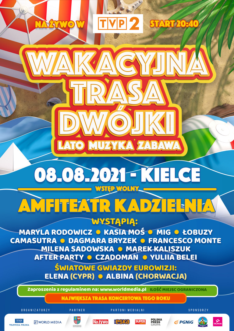 Kolorowy plakat promujący wakacyjną trasę programu drugiego TVP w Kielcach