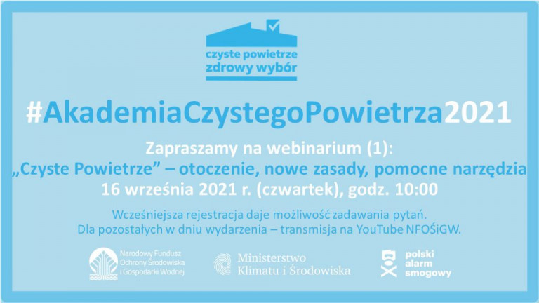 Akademia Czystego Powietrza 2021 Plakat Wydarzenia Napis Na Błękitnym Tle