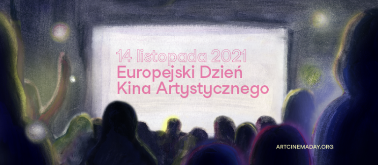 Plakat z widownią w tle promujący Europejski Dzień Kina Światowego.