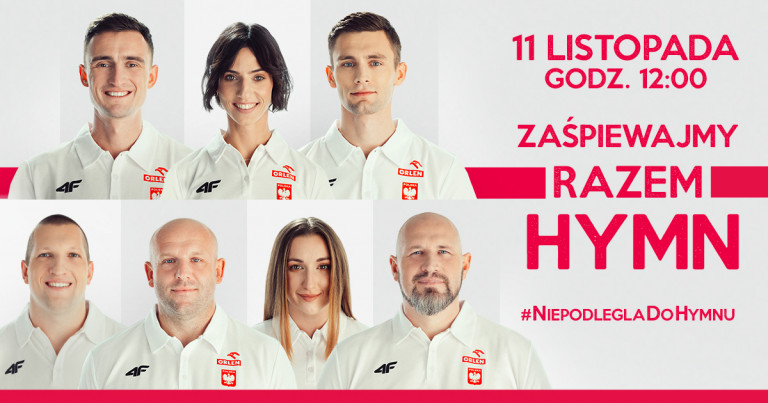 Zdjęcia portretowe grupy polskich sportowców w białych koszulkach.