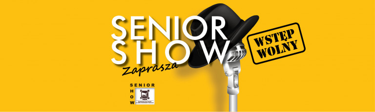 plakat do Senior Show przedstawiający mikrofon na żółtym tle.