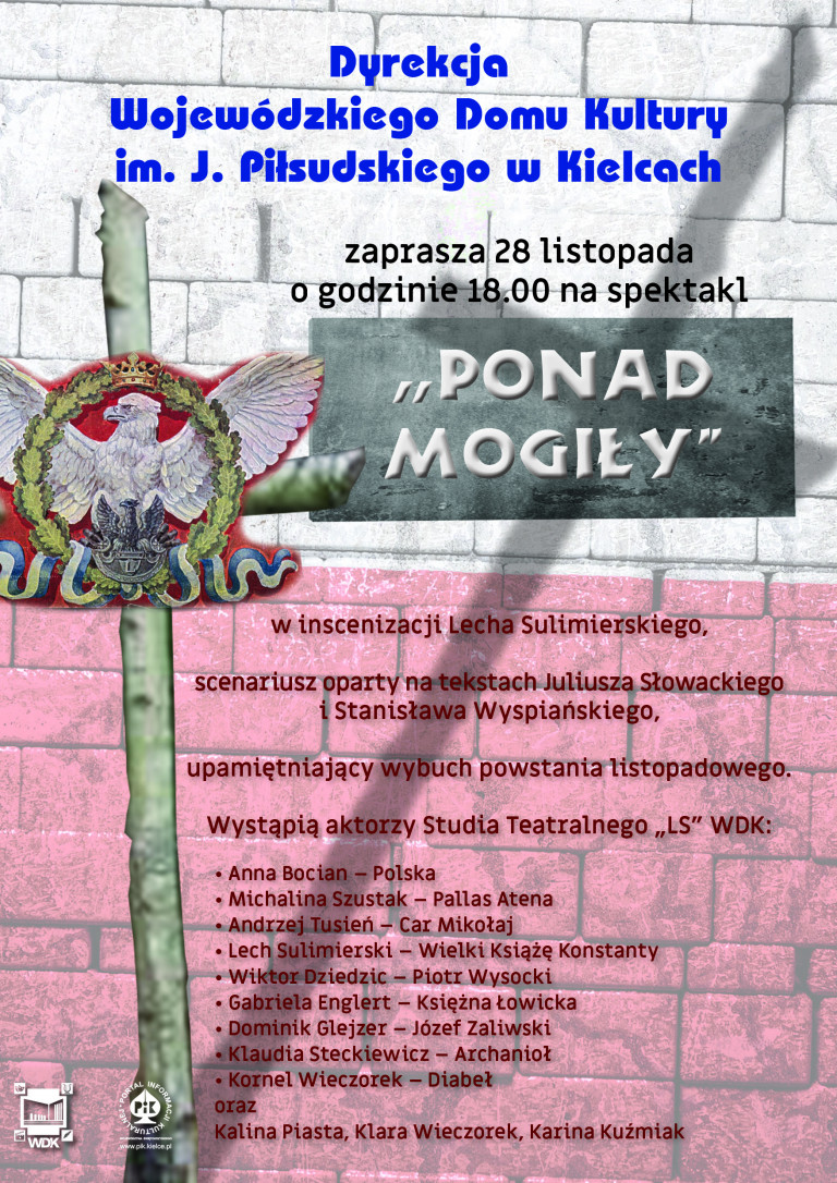 Plakat do spektaklu z białym orłem w tle.