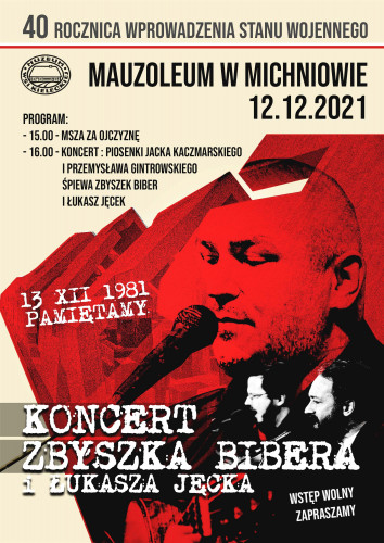 Koncert W Rocznicę Wybuchu Stanu Wojennego W Kolorach Czerni Bieli I Czerwieni, W Tle Portrety Artystów