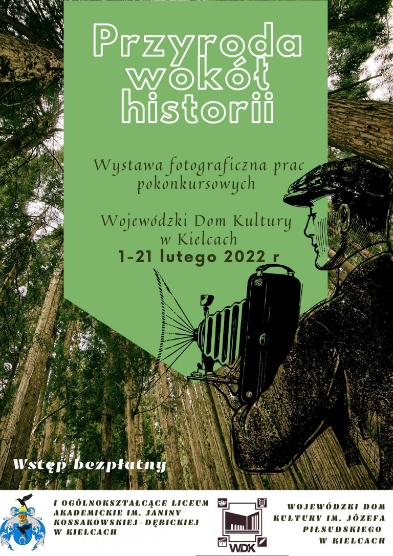 Plakat promujący wystawę, grafika z fotografem na tle lasu.
