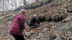 Dziewczyna Z Rózowej Bluzie Stoi Z Kilofem Geologicznym