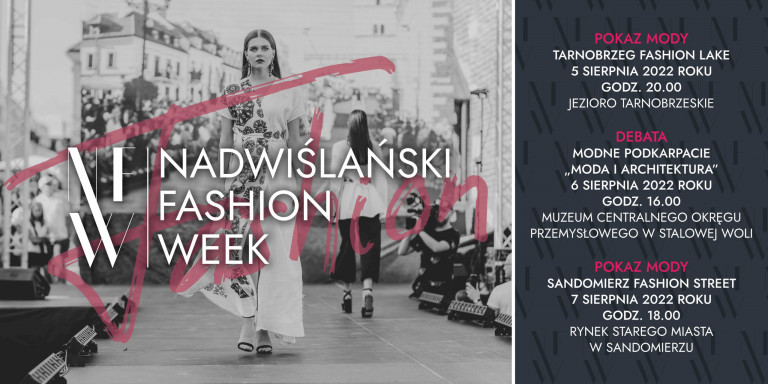 Plakat Nadwiślański Fashion Week Modelka Idzie Po Wybiegu Zdjęcie Czarno Białe Z Różowym Napisem Nazwy Wydarzenia