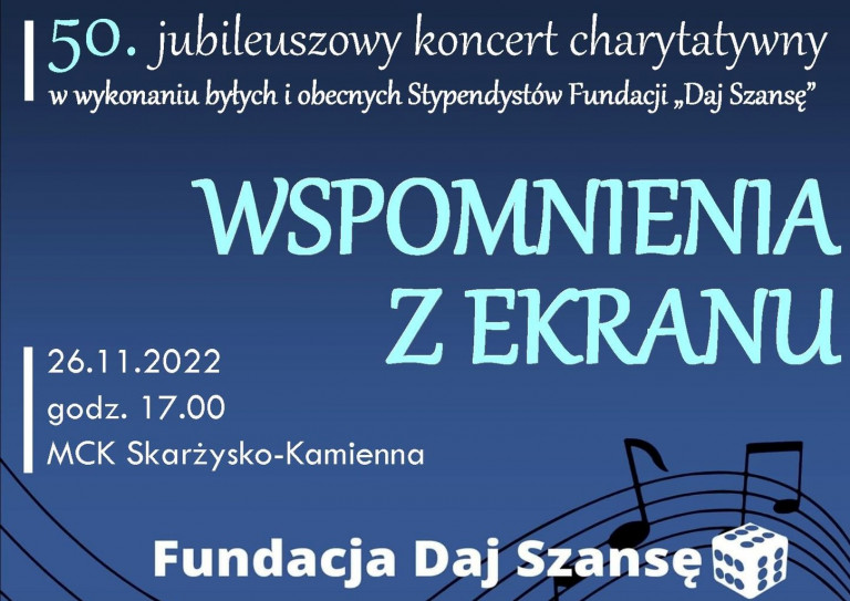 Plakat Koncertu Charytatywnego Na Niebieskim Tle Napis Koncert Charytatywny Oraz Nazwa O I Logo Fundacji