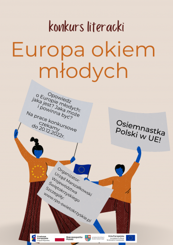 Plakat Konkurs Literacki Postaci Ludzkie Trzymają Transparenty Dotyczące Unii Europejskiej I Konkursu