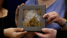 Pudełko z zapakowanymi mydełkami w kształcie bombki trzymają w dłoniach trzy osoby