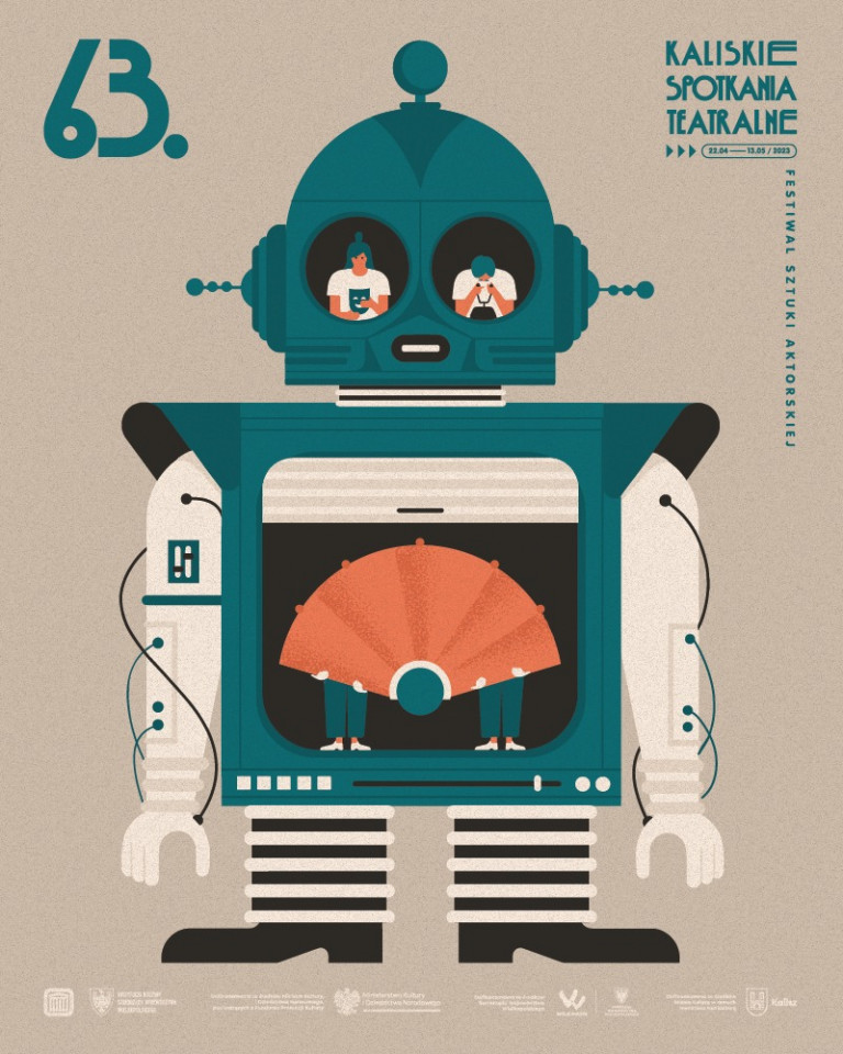 Plakat Teatralny Kolorowy Robot W Którym Są Widoczne Sylwetki Ludzkie