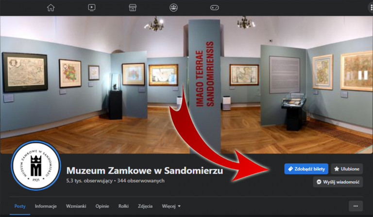 Sala Wystawowa I Logo Muzeum, Obok Czerwona Strzałka Pokazująca Przycisk Na Stronie Internetowej O Nazwie Zdobądź Bilety