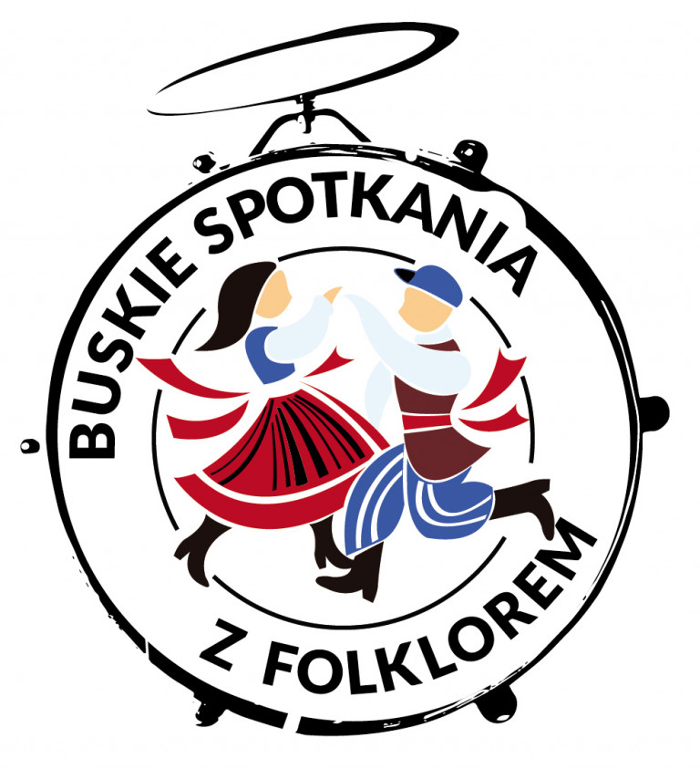 Para W Ludowych Strojach Tańcząca Obok Napis Buskie Spotkania Z Folklorem