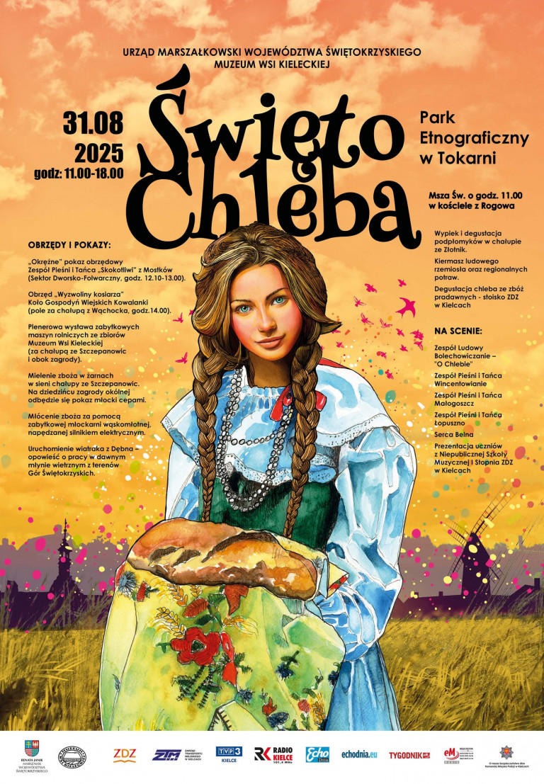 kobieta w stroju ludowym z bochenkiem chleba