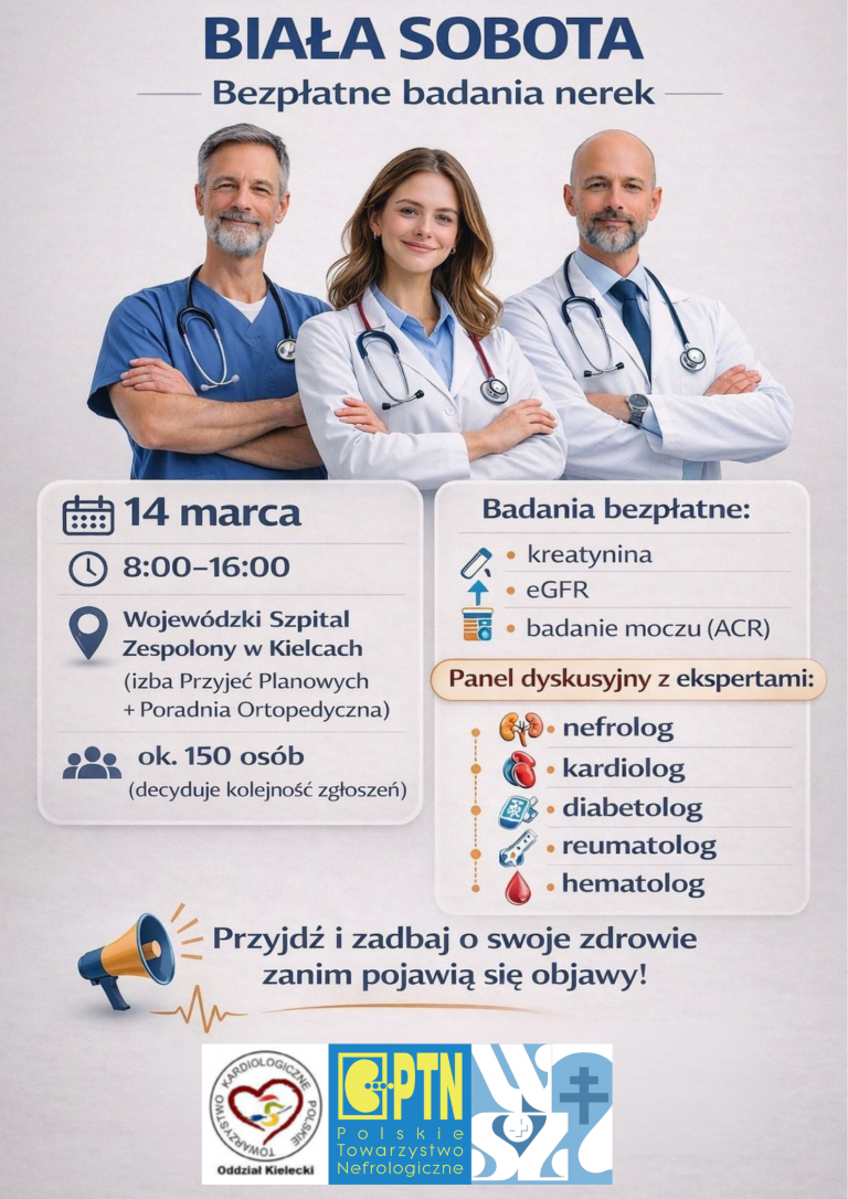 Wspólnie z Wojewódzkim Szpitalem Zespolonym w Kielcach zapraszamy na bezpłatne badania nerek!